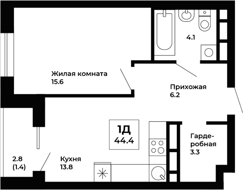 Планировка — Космос, 1-комн., 43 м²