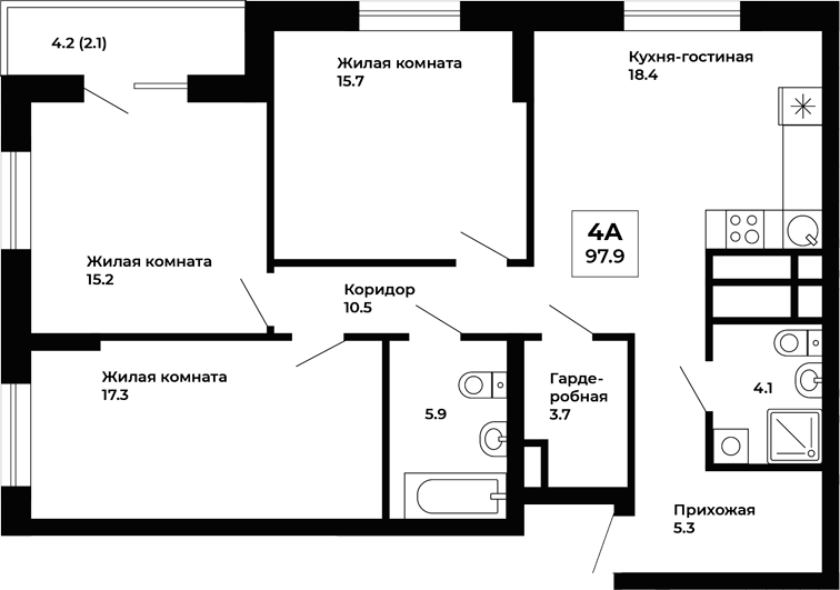 Планировка — Космос, 3-комн., 96 м²