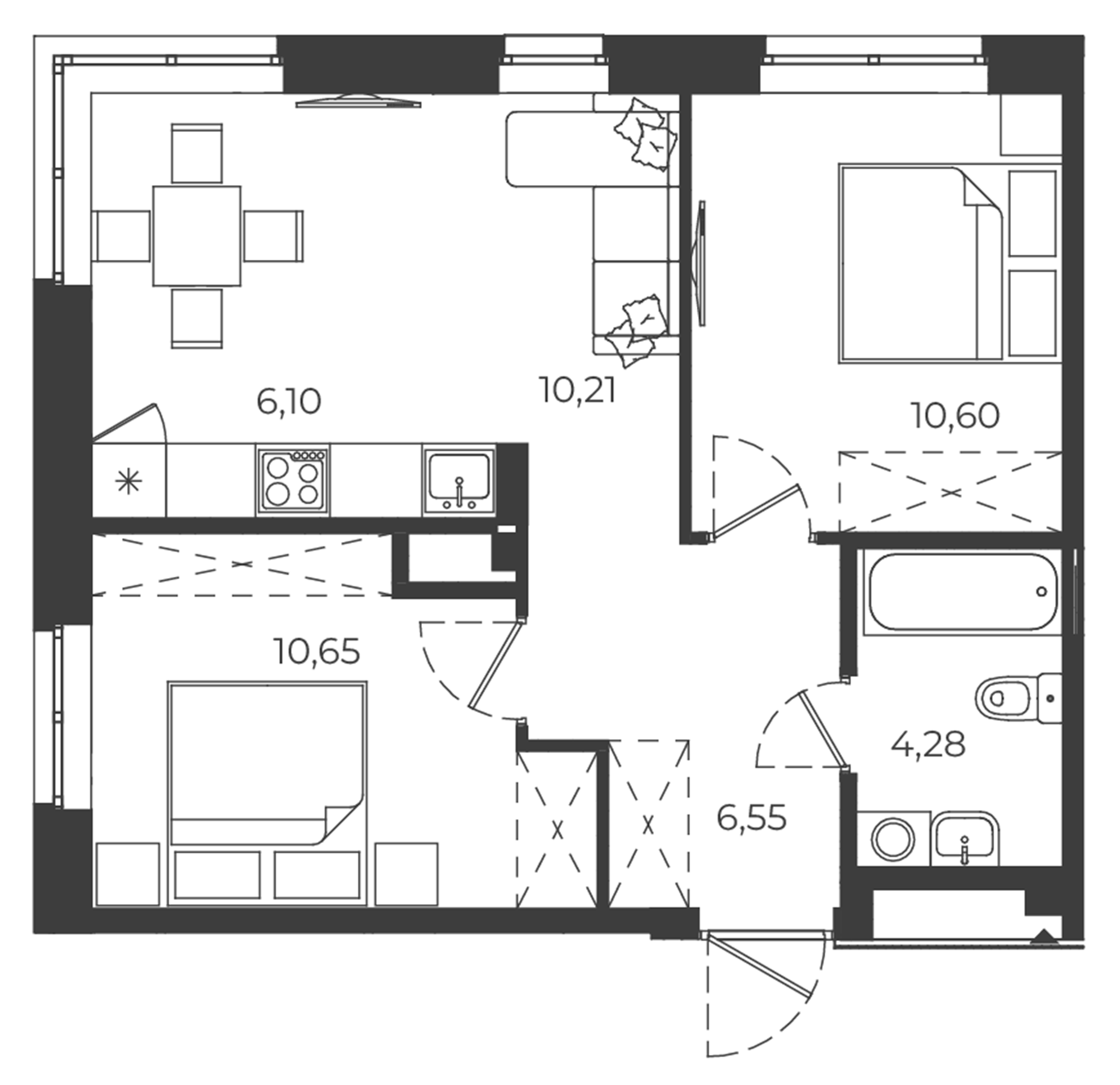 Планировка — РАЗУМ в Академическом, 2-комн., 48 м²