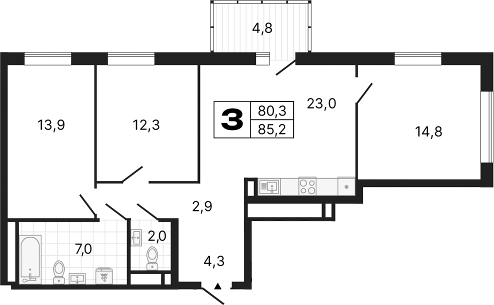 Планировка — River Park, 3-комн., 80 м²