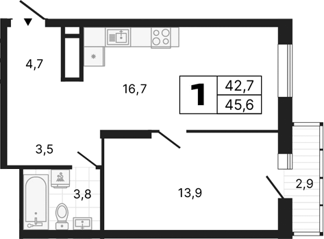 Планировка — River Park, 1-комн., 43 м²