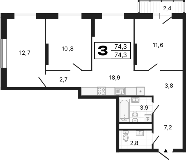 Планировка — River Park, 3-комн., 74 м²