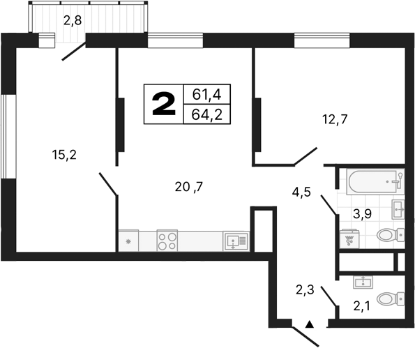 Планировка — River Park, 2-комн., 61 м²