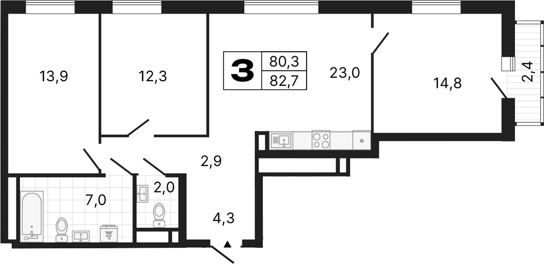 Планировка — River Park, 3-комн., 80 м²