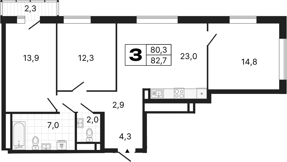 Планировка — River Park, 3-комн., 80 м²