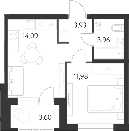 Планировка — Первый Академ, 1-комн., 33 м²