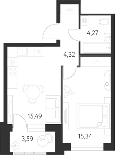Планировка — Первый Академ, 2-комн., 39 м²