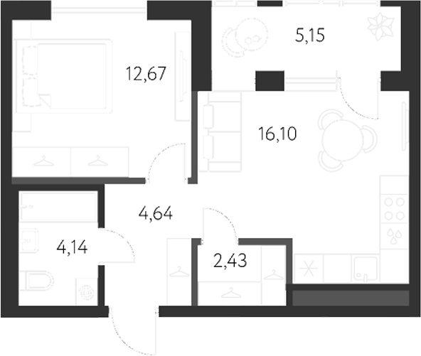 Планировка — Первый Академ, 2-комн., 40 м²