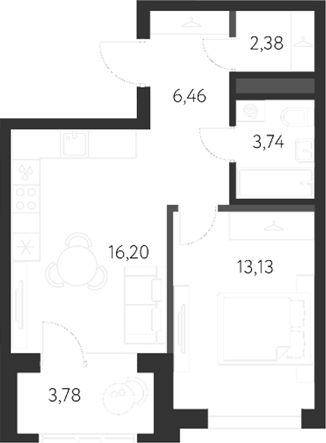 Планировка — Первый Академ, 2-комн., 42 м²