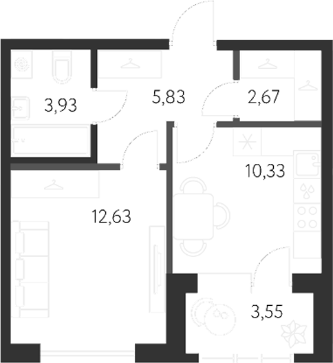 Планировка — Первый Академ, 1-комн., 35 м²