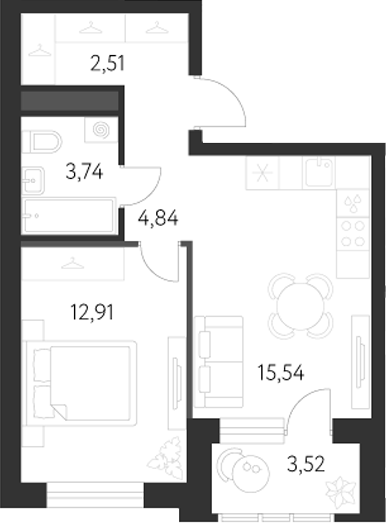 Планировка — Первый Академ, 2-комн., 40 м²
