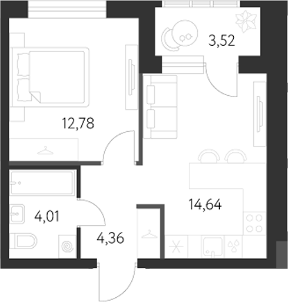 Планировка — Первый Академ, 1-комн., 36 м²
