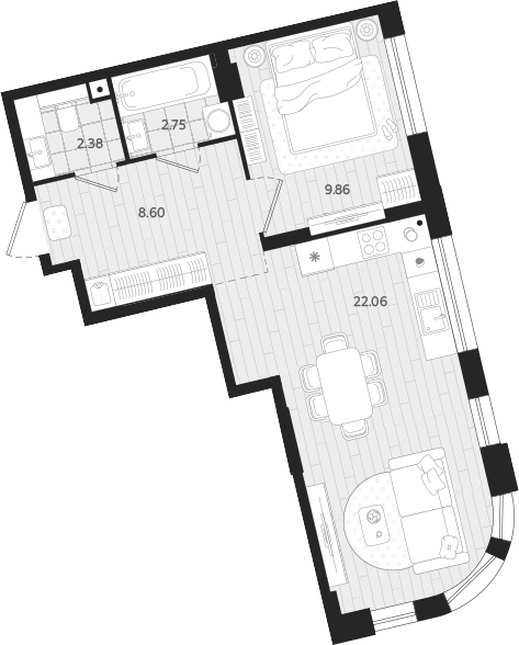 Планировка — Вэйвер, 1-комн., 46 м²