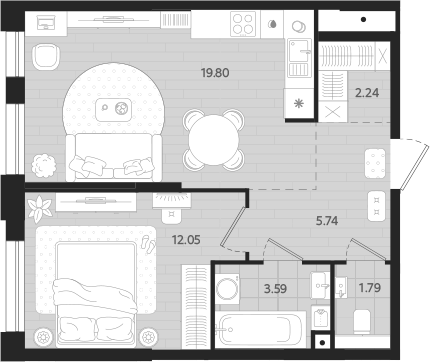 Планировка — Вэйвер, 1-комн., 45 м²
