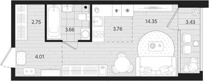 Планировка — Тетро, Студия, 29 м²