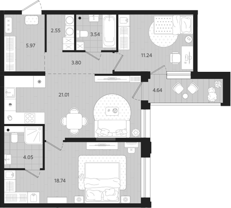 Планировка — Тетро, 2-комн., 71 м²