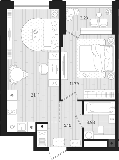 Планировка — Тетро, 1-комн., 42 м²