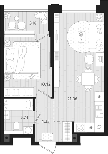 Планировка — Тетро, 1-комн., 40 м²