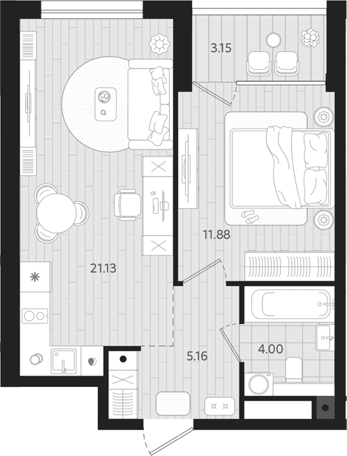 Планировка — Тетро, 1-комн., 42 м²