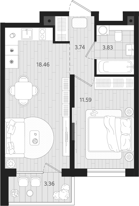 Планировка — Тетро, 1-комн., 38 м²