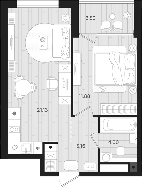 Планировка — Тетро, 1-комн., 42 м²