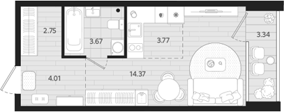 Планировка — Тетро, Студия, 29 м²
