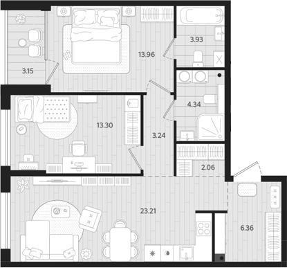 Планировка — Тетро, 2-комн., 70 м²