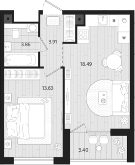 Планировка — Тетро, 1-комн., 40 м²