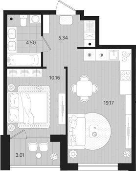 Планировка — Тетро, 1-комн., 39 м²