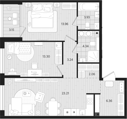 Планировка — Тетро, 2-комн., 70 м²