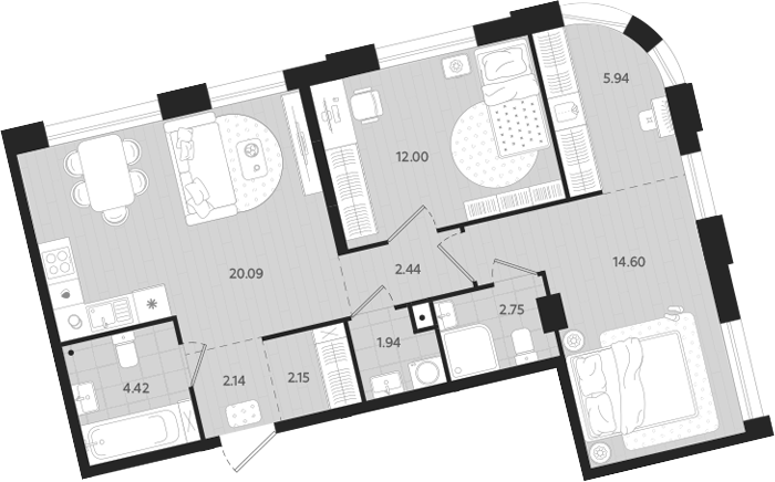 Планировка — Вэйвер, 2-комн., 68 м²