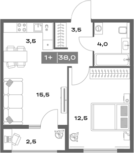 Планировка — Толк Академический, 2-комн., 36 м²