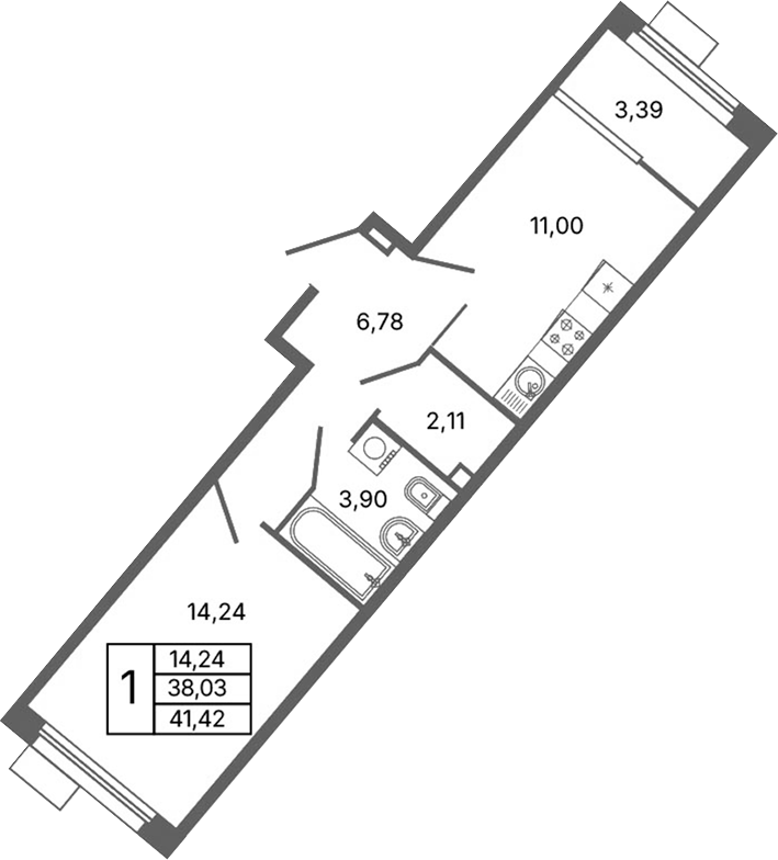 Планировка — Библиотечная 41, 1-комн., 38 м²