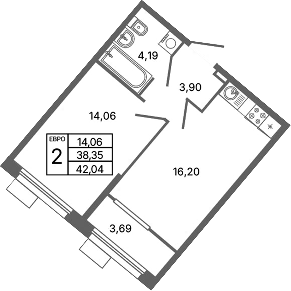 Планировка — Библиотечная 41, 2-комн., 38 м²