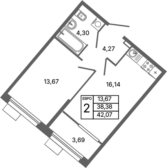Планировка — Библиотечная 41, 2-комн., 38 м²