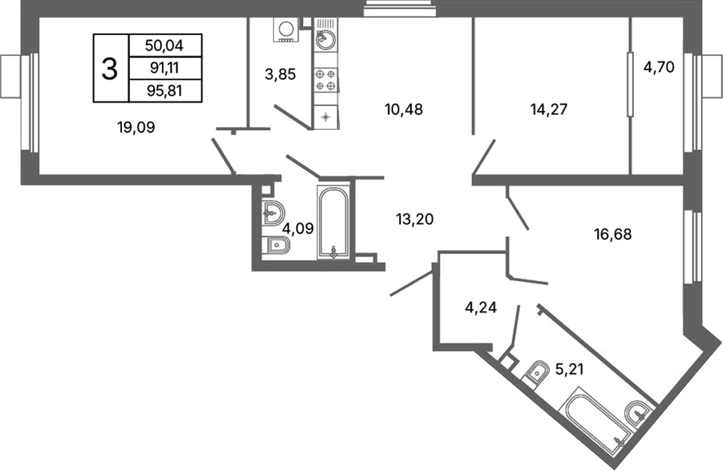 Планировка — Библиотечная 41, 3-комн., 92 м²