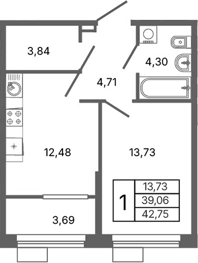Планировка — Библиотечная 41, 1-комн., 39 м²