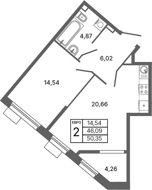 Планировка — Библиотечная 41, 2-комн., 46 м²