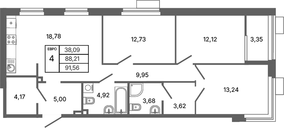 Планировка — Библиотечная 41, 4-комн., 88 м²