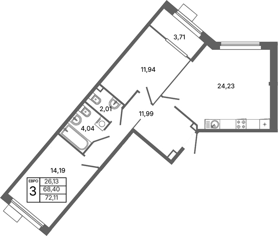 Планировка — Библиотечная 41, 3-комн., 68 м²