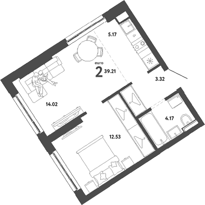 Планировка — Сибирский сад, 2-комн., 39 м²