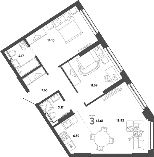 Планировка — Сибирский сад, 3-комн., 66 м²