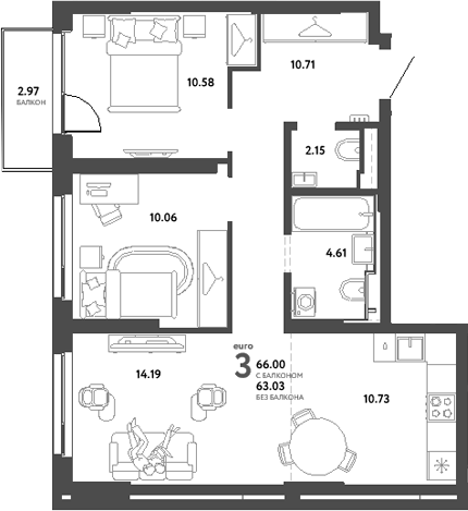 Планировка — Сибирский сад, 3-комн., 63 м²