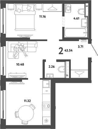 Планировка — Сибирский сад, 2-комн., 44 м²