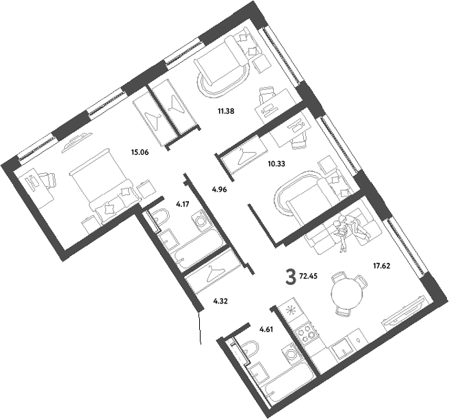 Планировка — Сибирский сад, 3-комн., 72 м²