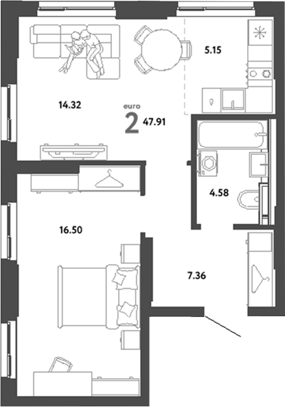 Планировка — Сибирский сад, 2-комн., 48 м²