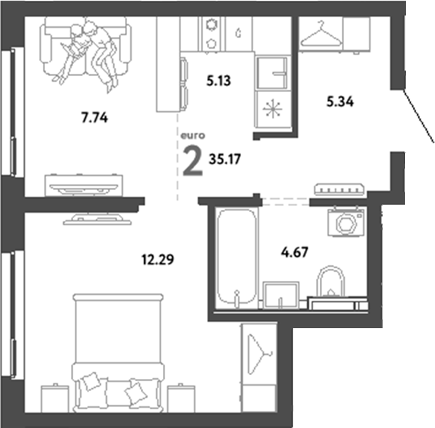 Планировка — Сибирский сад, 2-комн., 35 м²
