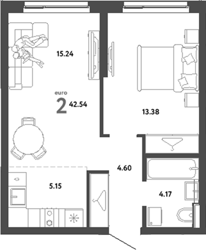 Планировка — Сибирский сад, 2-комн., 43 м²