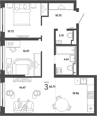 Планировка — Сибирский сад, 3-комн., 64 м²