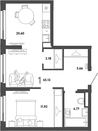 Планировка — Сибирский сад, 1-комн., 45 м²